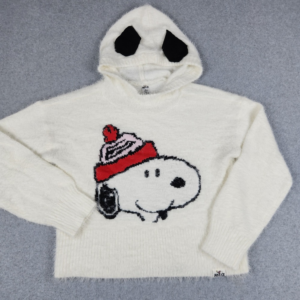 Justice Hooded Sweater Girls L 12/14 White Snoopy Peanuts Eyelash Knit 3D Ears